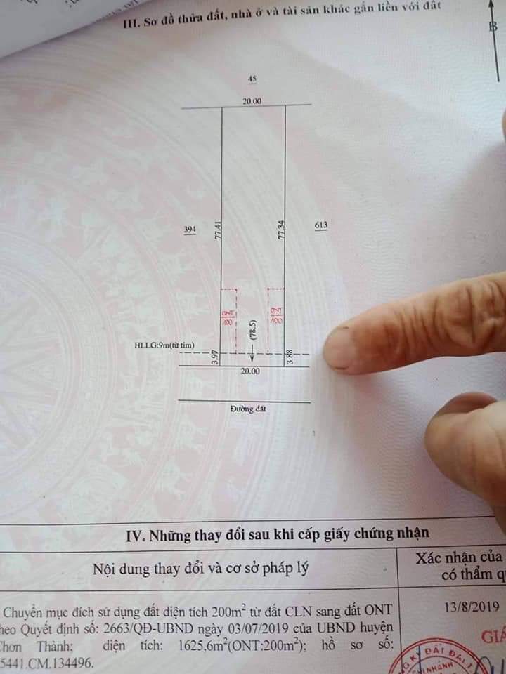 Bán  20x77m 200tc ấp 6 minh hưng giá 1ty8