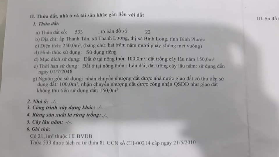 Cần bán đất Diện tích: 5x50x100m² thổ cư. Cách chợ Thanh Lương, thị xã Bình Long 400m.