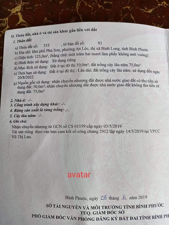 Cần  bán đất  an lộc  bìnhlong dt 5x25x59tc giá 455tr