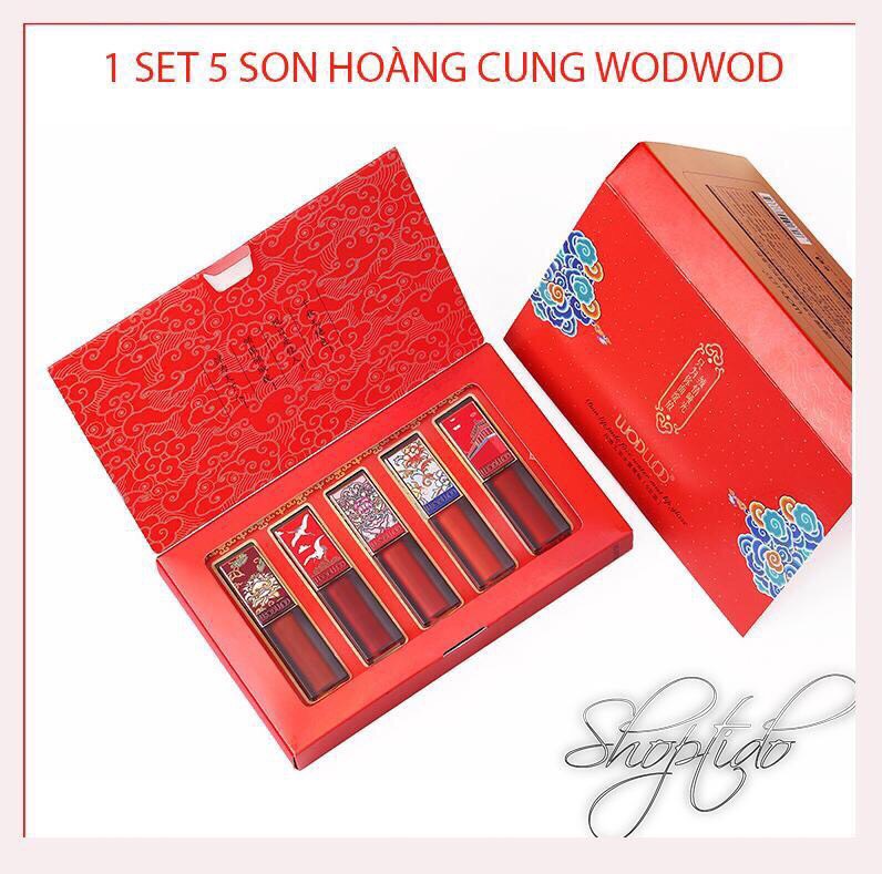 Set 5 Son Kem Hoàng Cung WodWod Dan Lip Jade Face Water Mist Lip Glaze W733 Giá 220k.