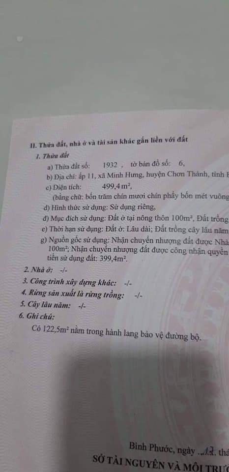 Bán đất diện tích 10x50m tcư 100m Địa chỉ Minh Hưng giá 760 triệu