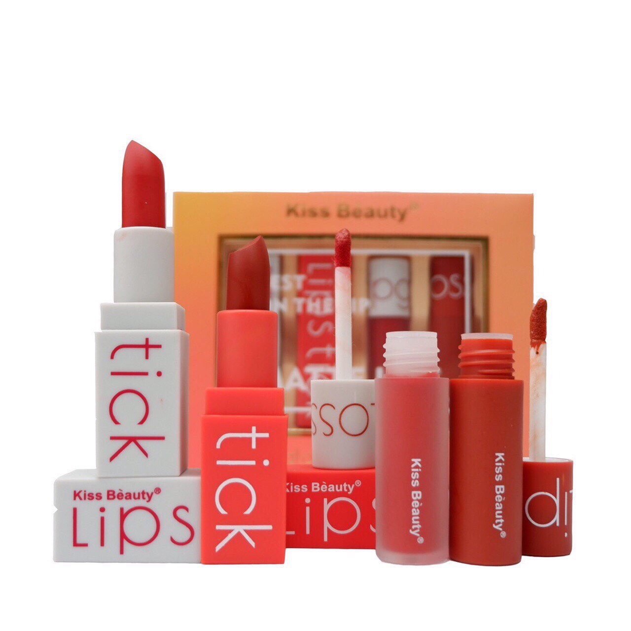 Set 4 son sáp và kem Kiss Beauty lipgloss and lipstick matte lips No.70098-03 Giá sỉ : 80k