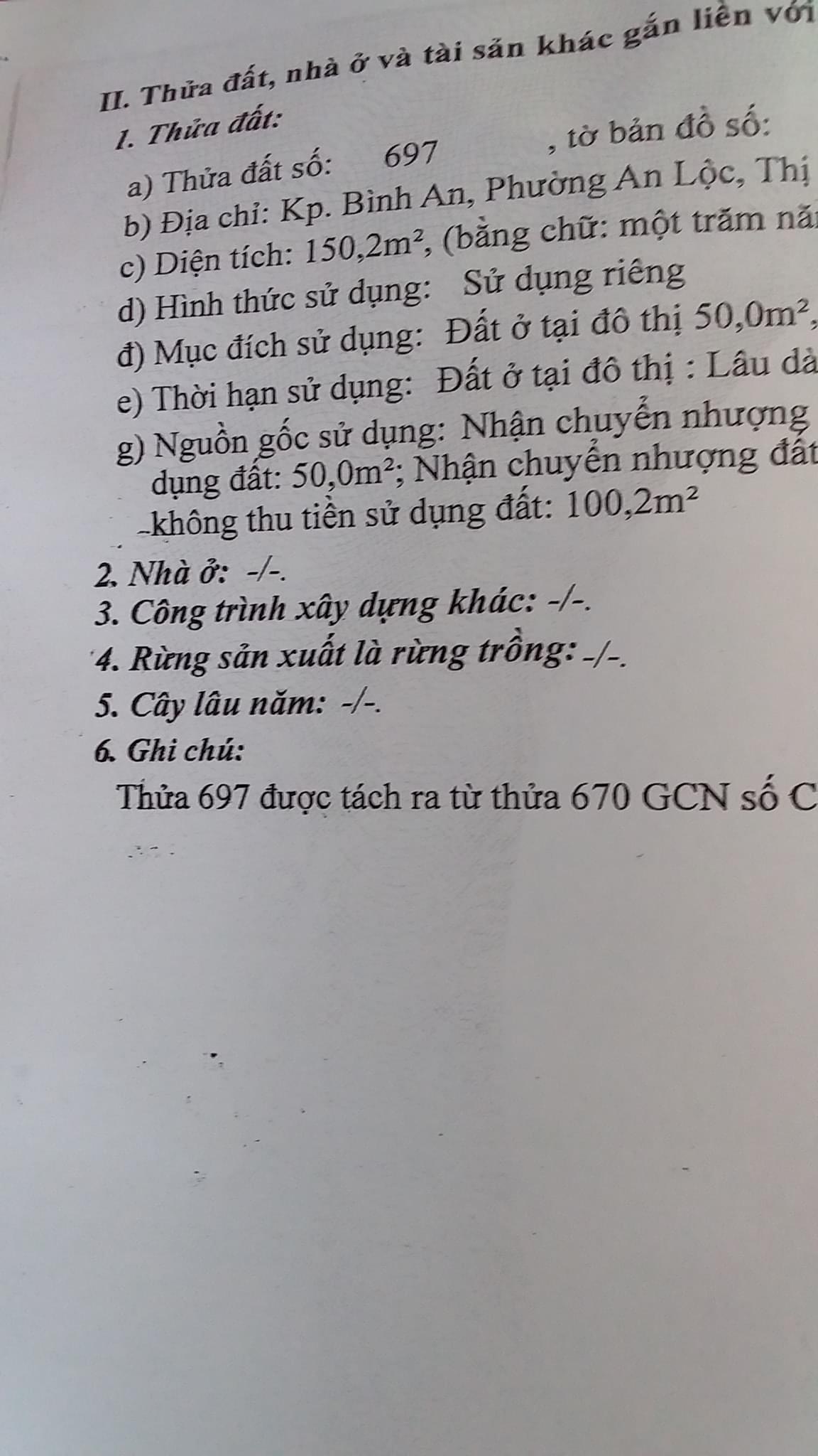 Bán gấp lô đất kp Bình An phường An Lộc dt 5x30x50tc cách nhựa Phân Bội Châu 100m