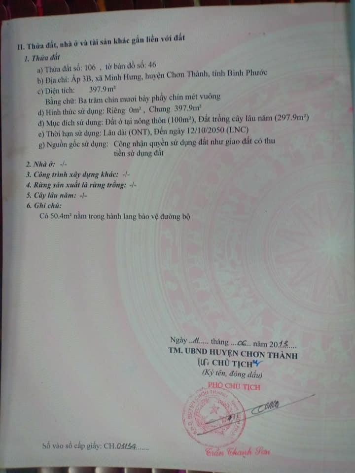 Bán. Đất Minh Hưng giá 3ty050 dt 41×10