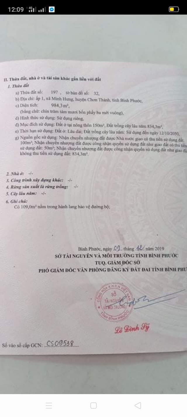 Bán lô đất ấp 1 xã minh hưng. Cách NVL 300m. 20x43x150m thổ cư.