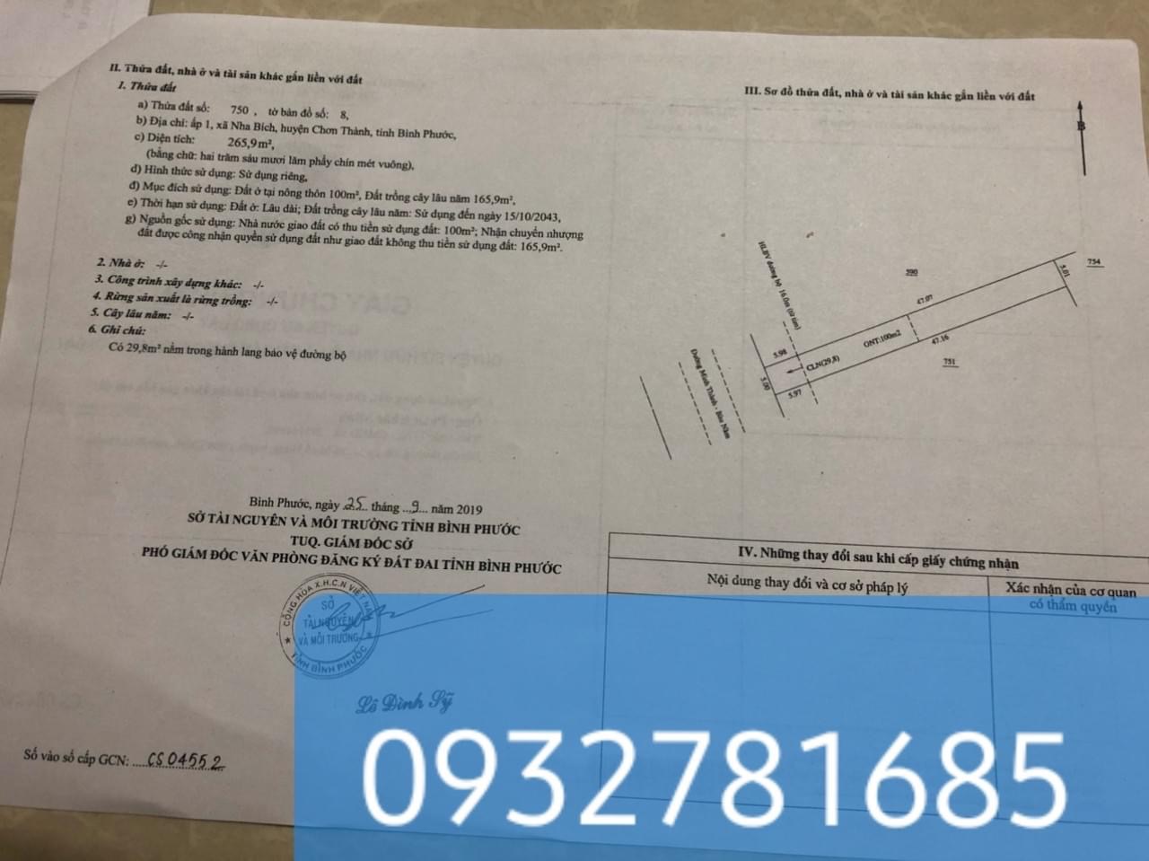 Bán lô đất nằm trên đường Minh Thành- Bàu Nàm dt 265,9m2 đường nhựa 32m cách ql14 900m cách đập Phước Hoà 2km