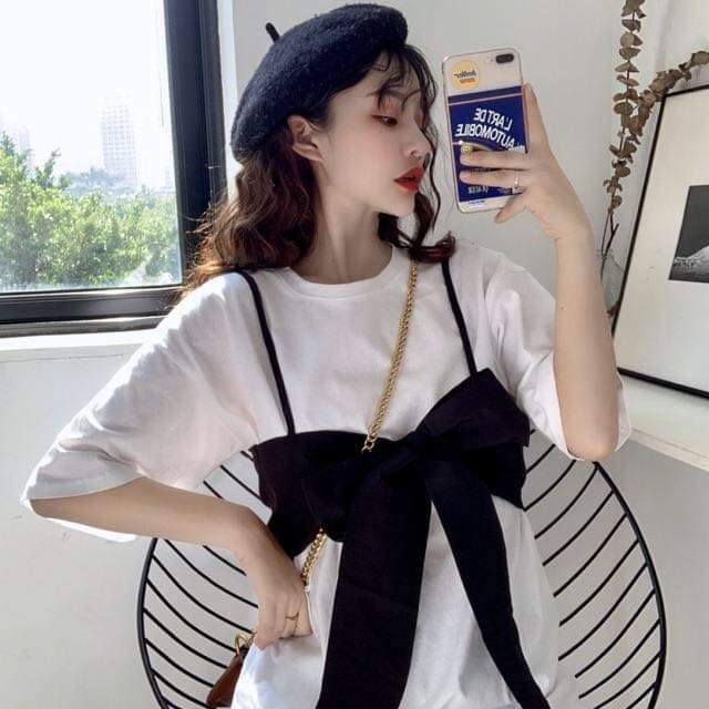 Set áo + yếm nơ đen Cotton thun co dãn Lẻ 77k Sỉ 57k