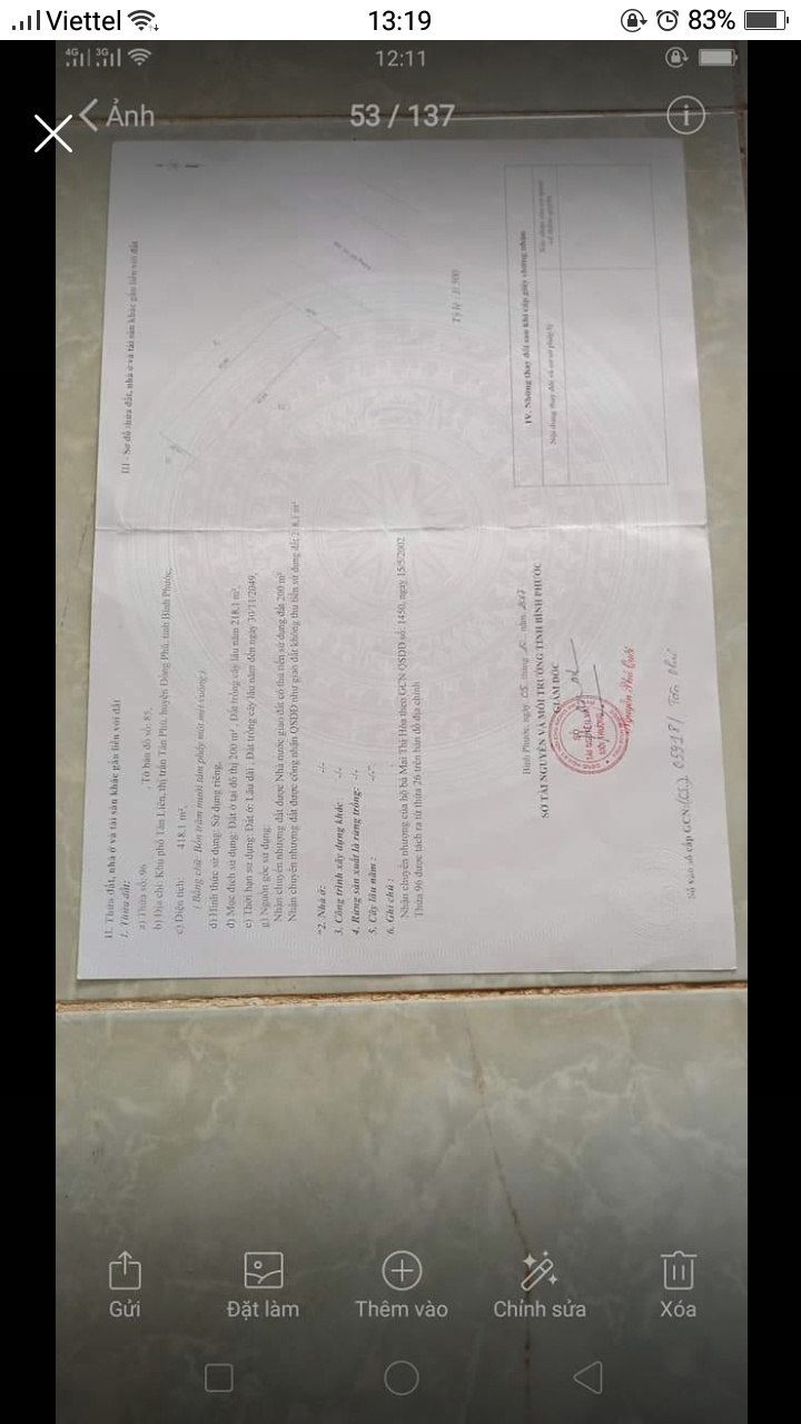 Bán đất đường ĐT 741 đối diện tôn hoa sen thị trấn Tân Phú Đồng Phú Bình Phước, Hướng Đông Nam  10m x 45m, 200mtc. Giá 1Tỷ