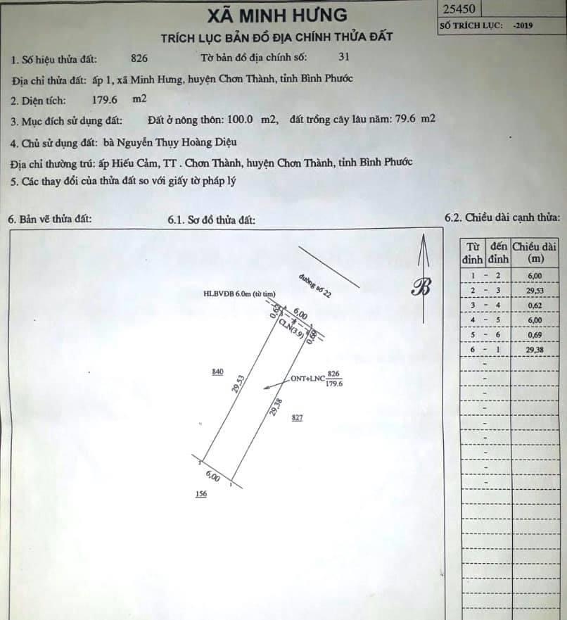 Bán đất gần trường 2,3 Minh Hưng đg xây giá 760tr dt 6×30