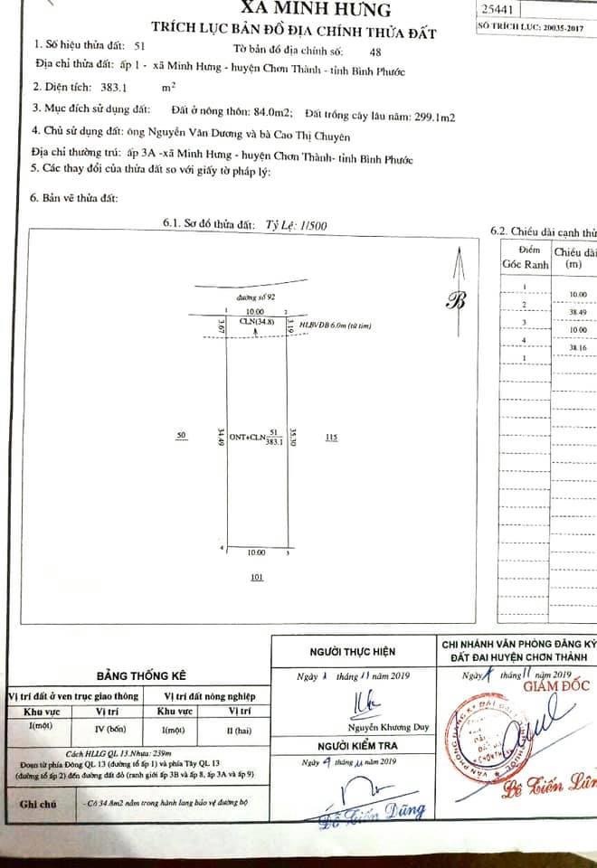 Bán đất Ấp 1 Minh Hưng giá 185tr/m dt 10×40