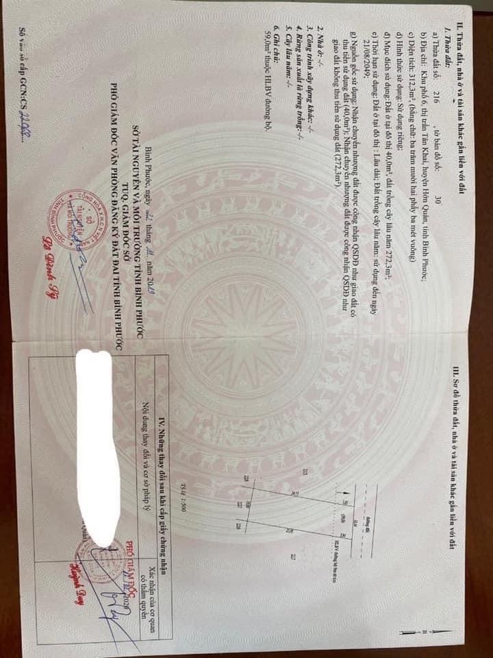 Bán đất Tân Khai kp 6 giá 420tr dt 10×25