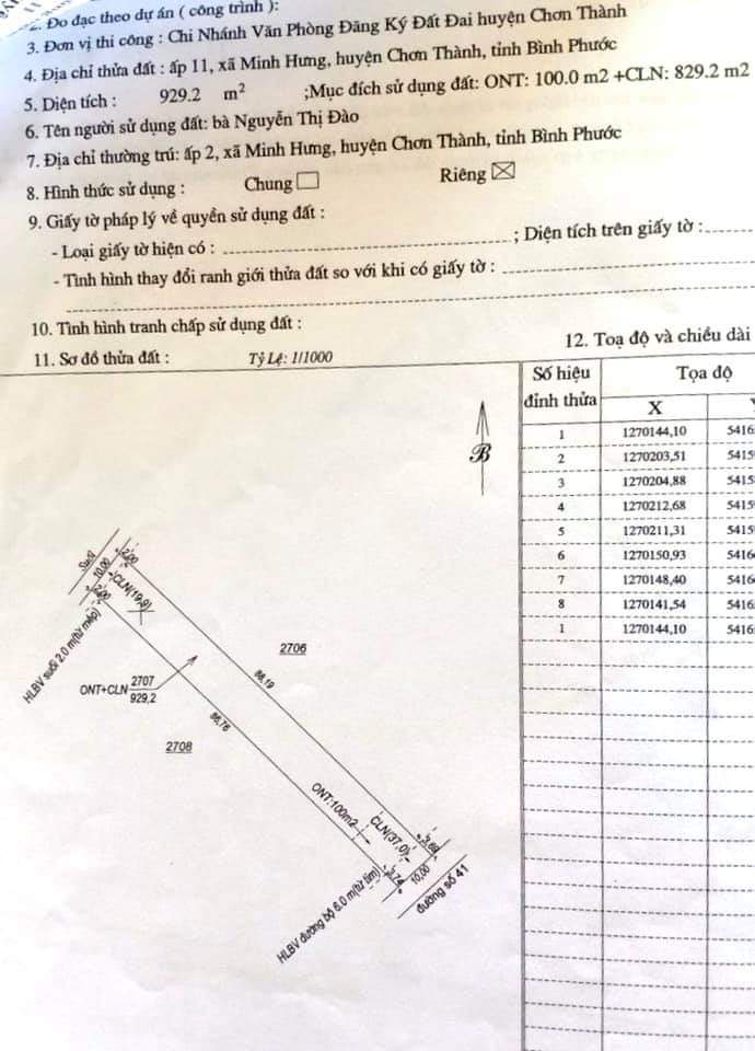 Bán đất ấp 11 Minh Hưng giá 85tr/m dt 20× 95m