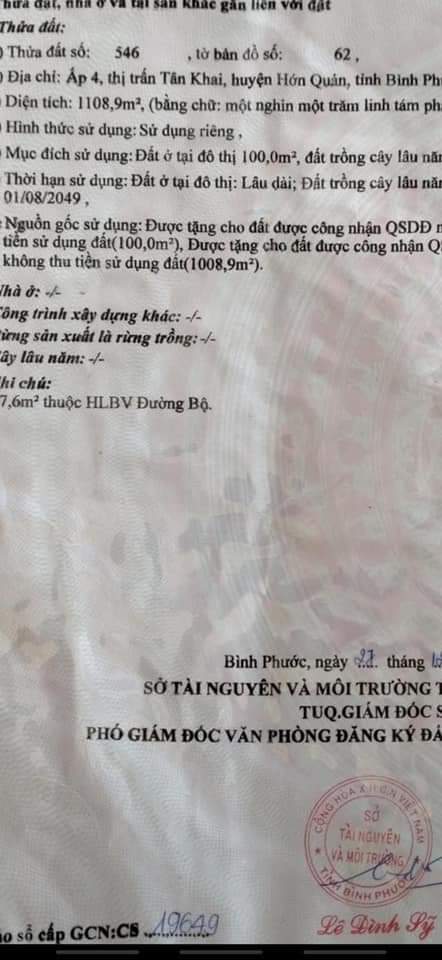 Bán đất ấp 4 Tân Khai giá 900tr dt 15×60
