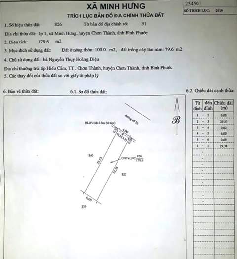 Bán đất ấp 1 xã minh hưng giá 760tr dt 6×30