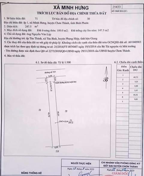 Bán đất ấp 1 xã minh hưng giá 1ty050 dt 5×50