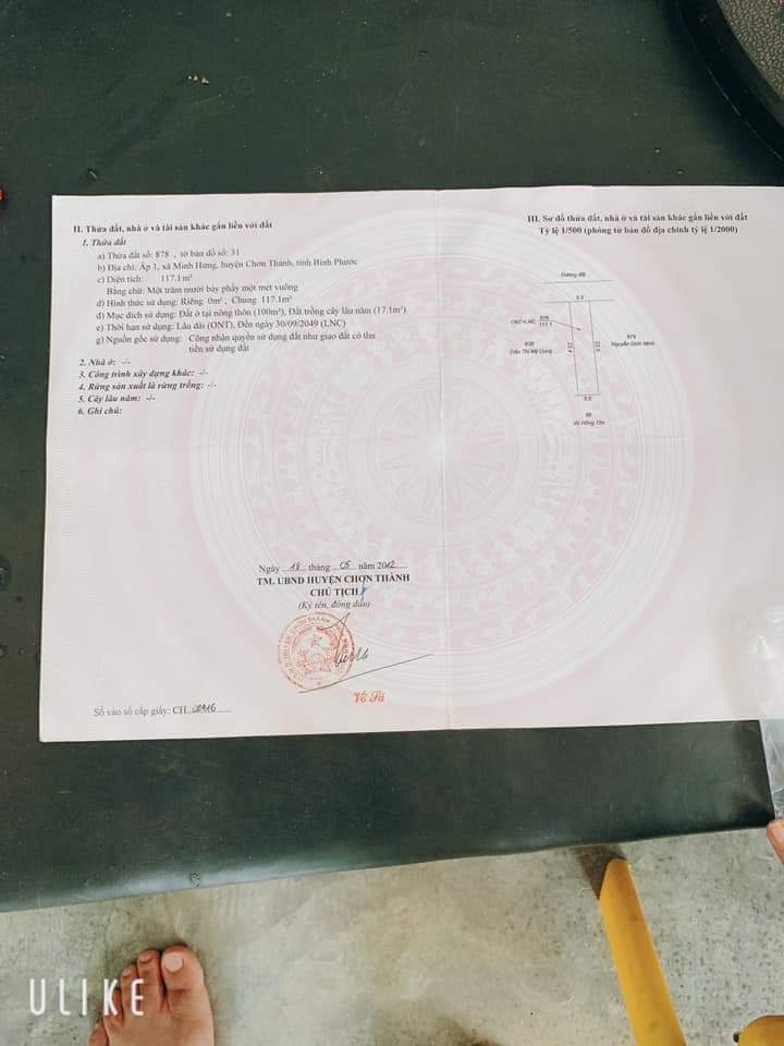 Bán đất ấp 12 minh hưng giaz 900tr dt 5×25