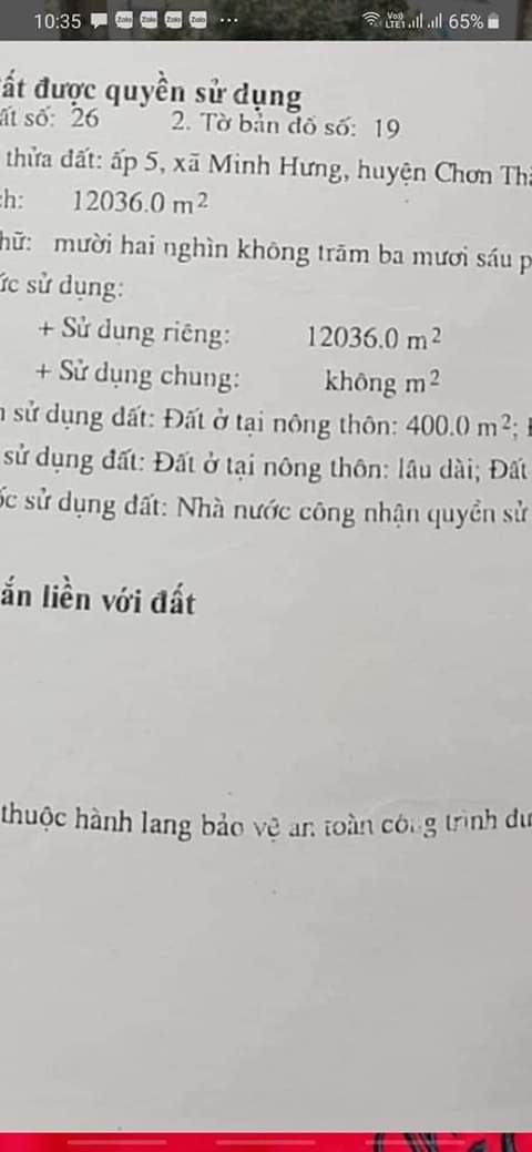 Bán đất ấp 5 xã minh hưng giá 7ty700 dt 85×149