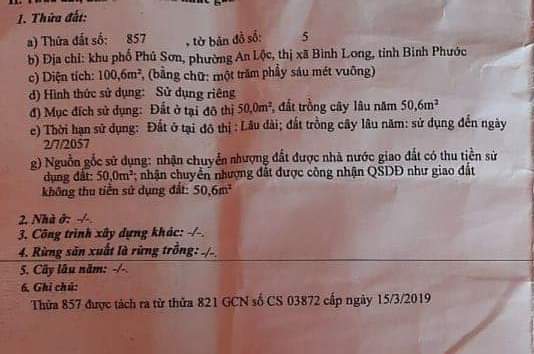 Bán đất khu phố Phú Sơn phường An Lộc-BL giá 485tr dt 5×20