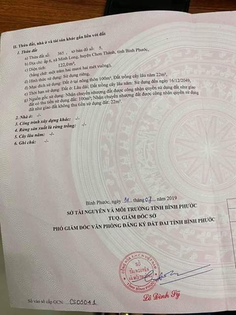 Bán đât ấp 6 xã Minh Long- Chơn Thành giá 650tr dt 5×24