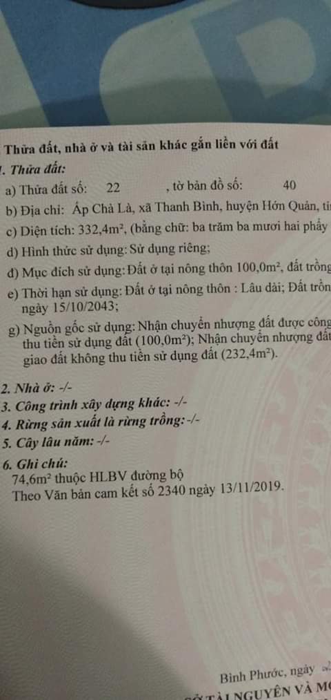 Bán đất ấp Chà Là xã Thanh Bình- Hớn Quản giá 630tr dt 6×50