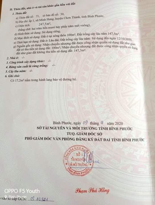 Bán đất ấp 1, xã Minh Hưng, Chơn Thành. Dt 5×46. Giá 1 tỷ 050tr