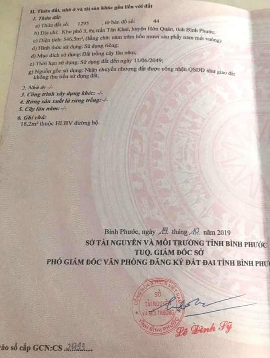 Bán đất khu phố 3, thị trấn tân khai- hớn quản. Dt 6×90. Giá 340tr