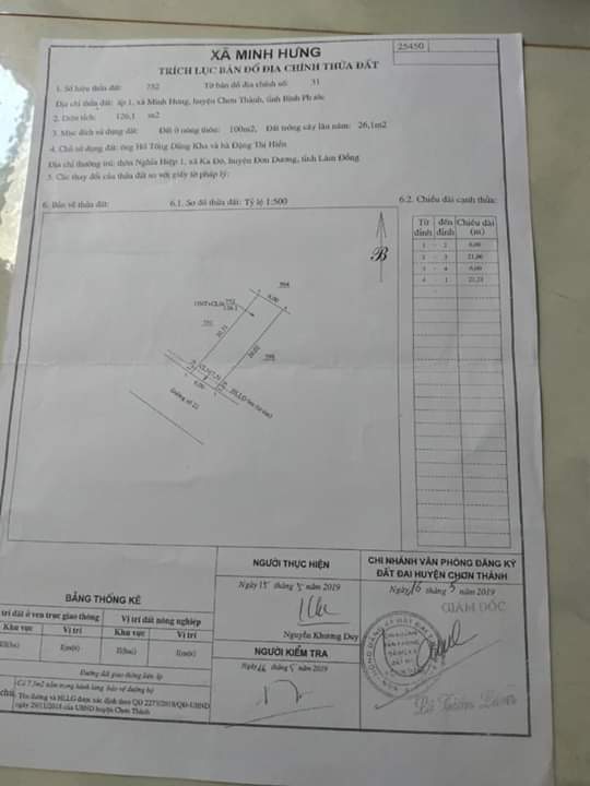 Bán đất ấp 1, xã Minh Hưng, Chơn Thành. Dt 6×21. Giá 600tr