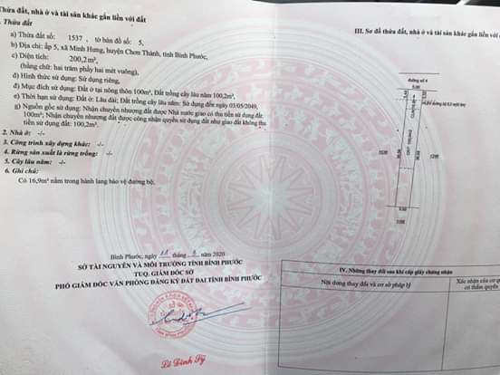 Bán đất gần kcn mh 3 cách nhựa số 8 700m ấp 5, xã Minh Hưng- Chơn Thành. Dt 5×40. Giá 495tr