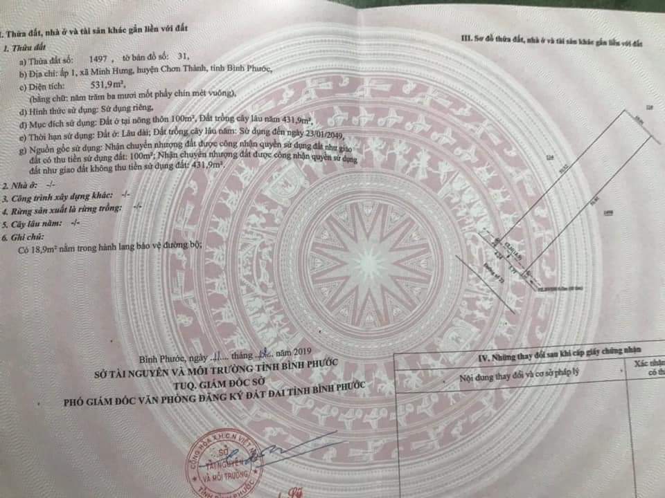 bán đất ấp 1, xã Minh hưng, chơn thành. dt 10×52. giá 1tỷ 300tr