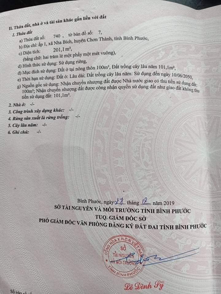 bán đất ấp 1, xã nha bích, chơn thành. dt 5×40. giá 760