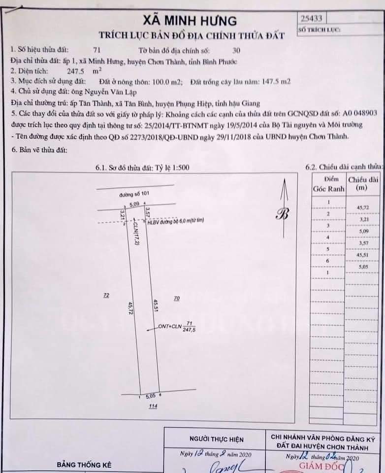 bán đất ấp 1, xã Minh hưng, chơn thành. dt 5×46. giá 1tỷ 050tr