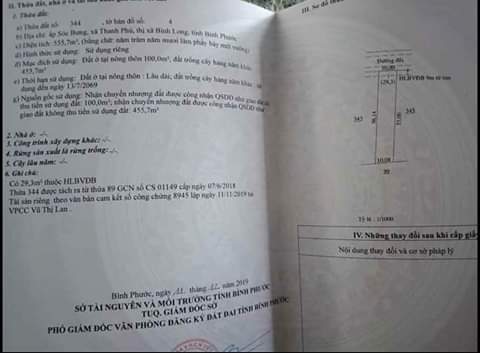 Bán đất xã Thanh Phú-BL giá 300tr dt 10*55*100tc