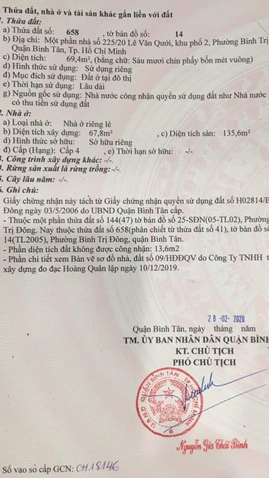 Bán đất phường bình trị quận bình tân giá 4.5tỷ dt 8×20