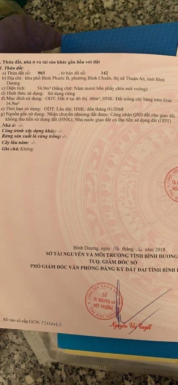 Bán đất bình chuẩn thuận an bd giá 1tỷ750tr dt 5×11