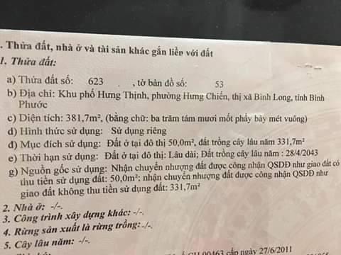 Bán đất khu phố Hưng Thịnh phường Hưng Chiến-BL giá 1ty700 dt 10×38