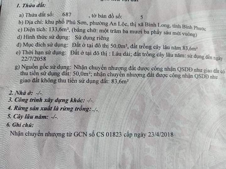 Bán đất khu phố Phú Sơn phường An Lộc-BL giá 590tr dt 6.5×21