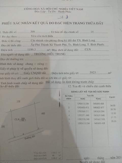 Bán đất ấp phú thành xã thanh phú giá 440tr dt 34×33