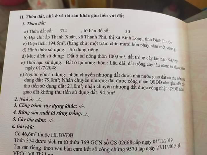 Bán đất ấp Thanh Xuân xã Thanh Phú-BL  Binh phuoc giá 570tr dt 5×37.5