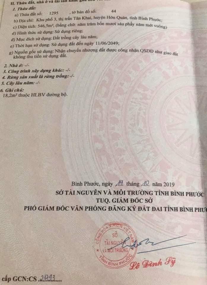 Bán đất TT Tân Khai dt 6×90 giá 300tr