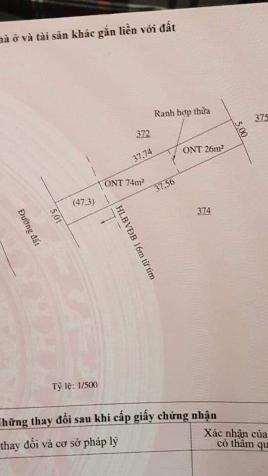 Cần bán gấp lô đất cách q.lộ 13 khoảng 150m, mặt nhựa đối diện ubnd xã, dân cư hiện hữu, kinh doanh buôn bán ok  Dt: 5*37*100tc