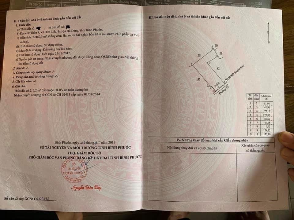 Đất đức liễu    Bán 22.469,3 mét vuông đất, trong đó điều 1,3 ha, diện tích còn lại trồng cao su, mặt tiền đường nhựa 77 mét,  Giá 2,3 tỉ