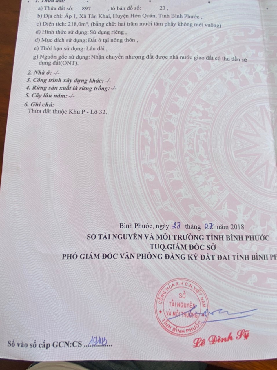 Lô P Tthc Hớn quản 218m2 full thổ cư