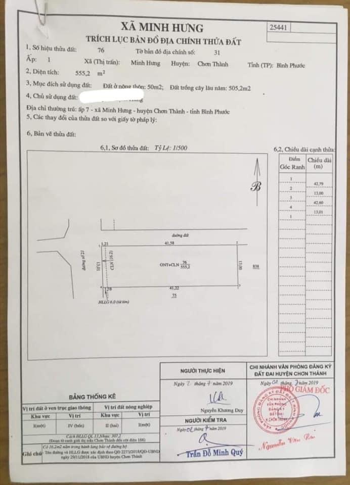 Bán lô đất thuộc Minh Hưng dt 13x41x50tc giá 240tr/m