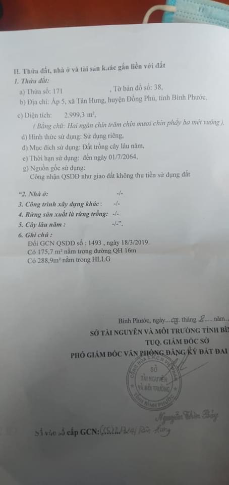 3 xào đất Tân. Hưng. Đồng Phú đường nhựa 48 m giá 1350tr