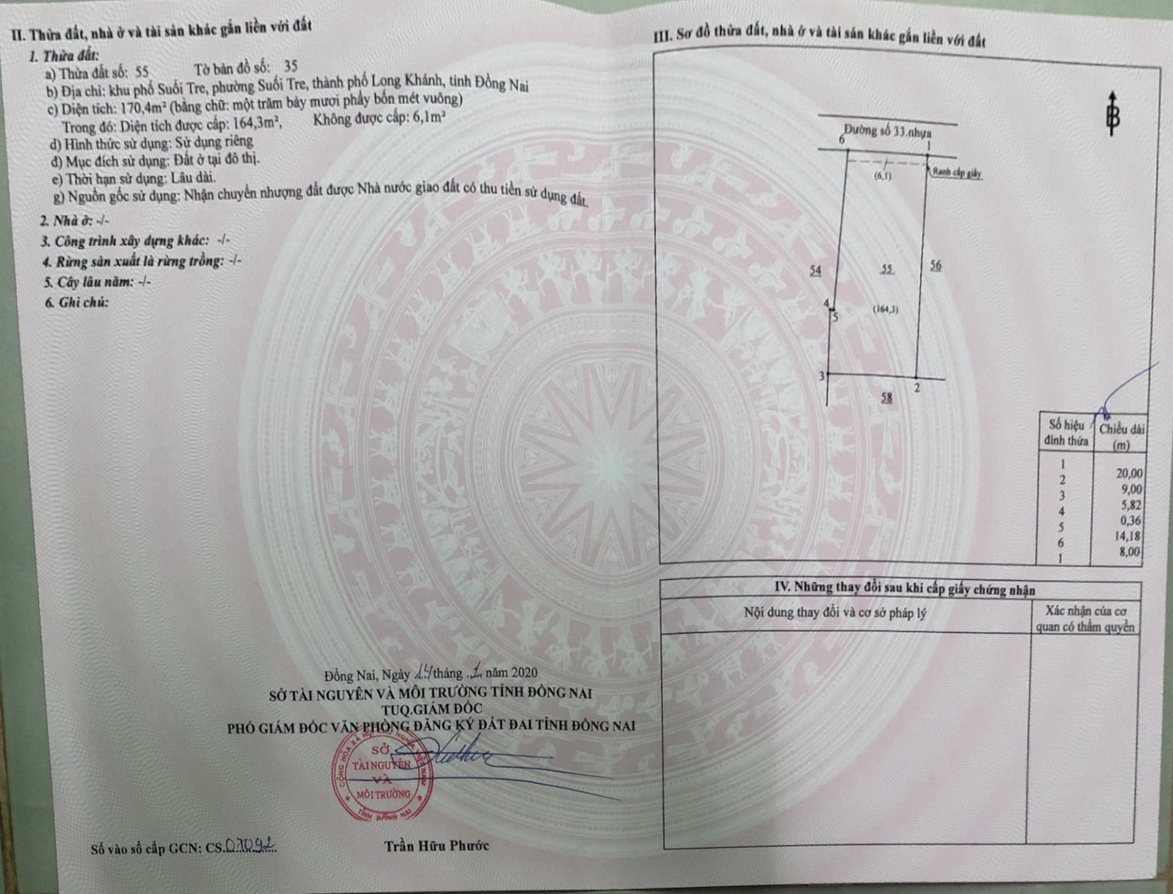 1 lô 6×20. Thổ cư 100%. Đối diện là công viên Suối Tre, phường suối tre , TP.long khánh