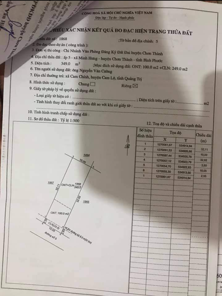 Bán đất ấp 5 minh hưng giá 700tr dt 10×32×100tc