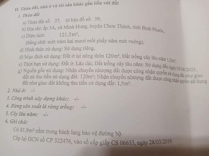 Bán đất ấp 3a minh hưng giá 1tỷ250 dt 121,5m2