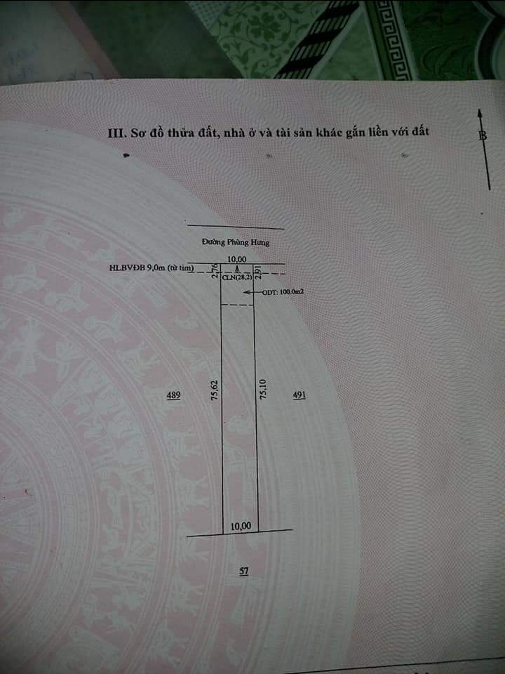 Bán đất mặt tiền đường phùng hưng giá 1tỷ800 dt 10×75×100tc