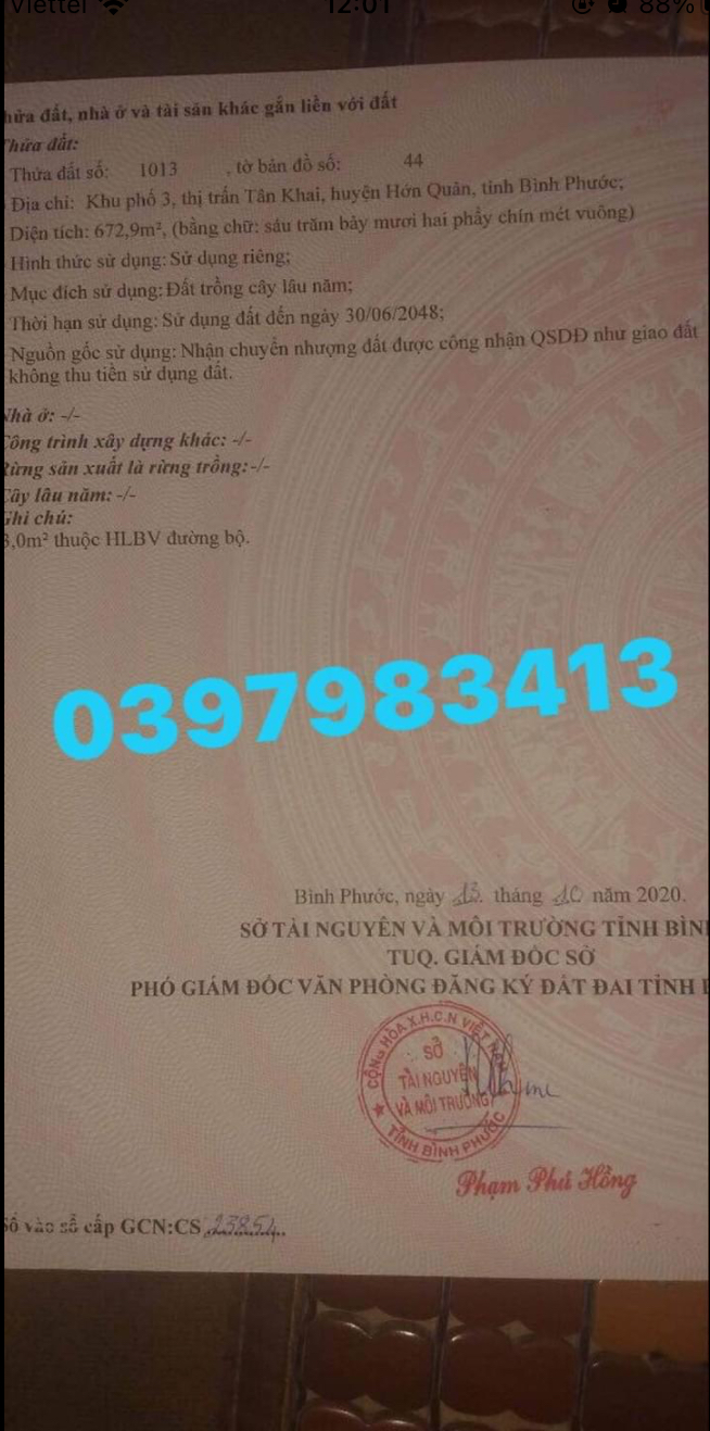 Bán đất thị trấn Tân Khai giá 400tr dt 15*40