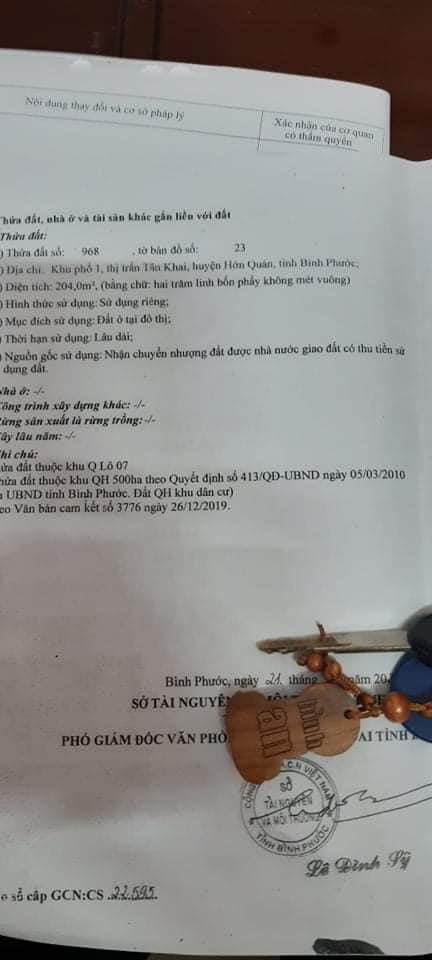Bán đất thị trấn Tân Khai giá 2ty35tr dt 204m2